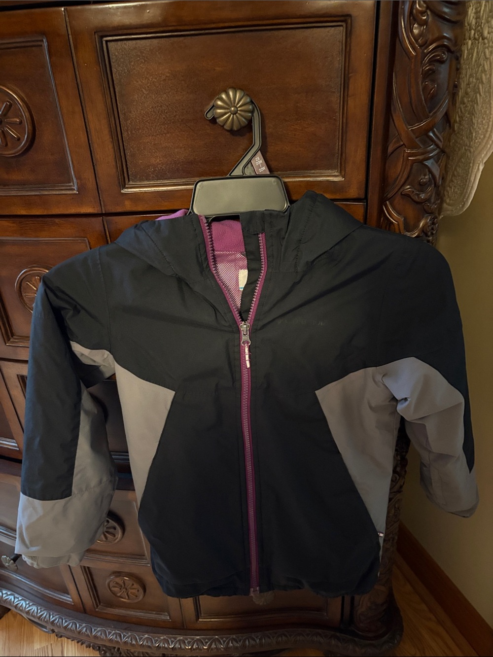 Columbia Black and Gray Kids' Hooded Jacket with Purple Lining